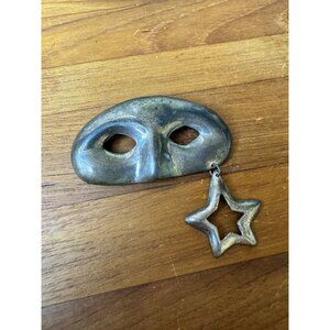 Vintage Mexican Sterling Silver Mask Brooch With Star Charm